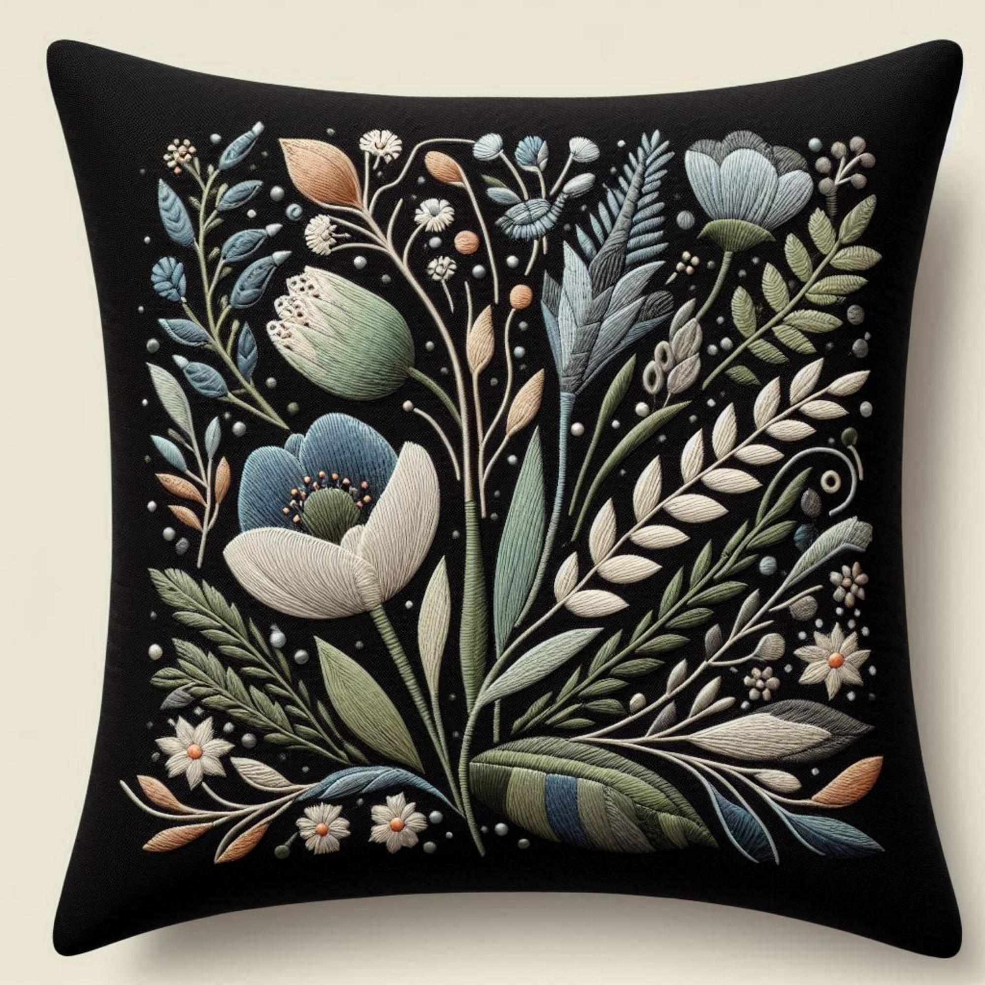 Embroidered linen pillow with floral design